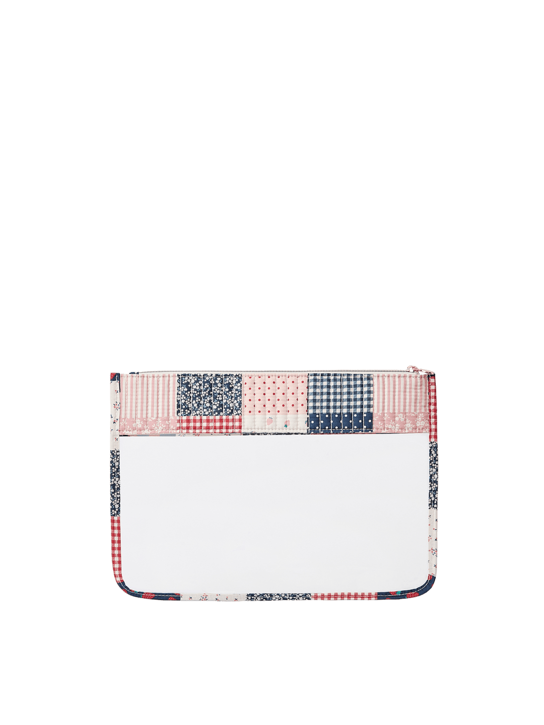 Poppy & Peonies She’s a WIP Bag in Patchwork back view, featuring a clear panel, quilted patchwork trim and structured rectangular shape.