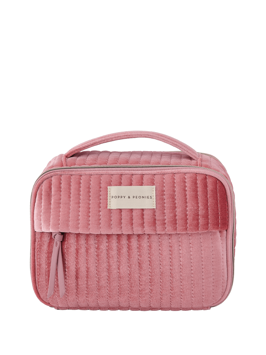 Pink velvet quilted cosmetic bag with a handle