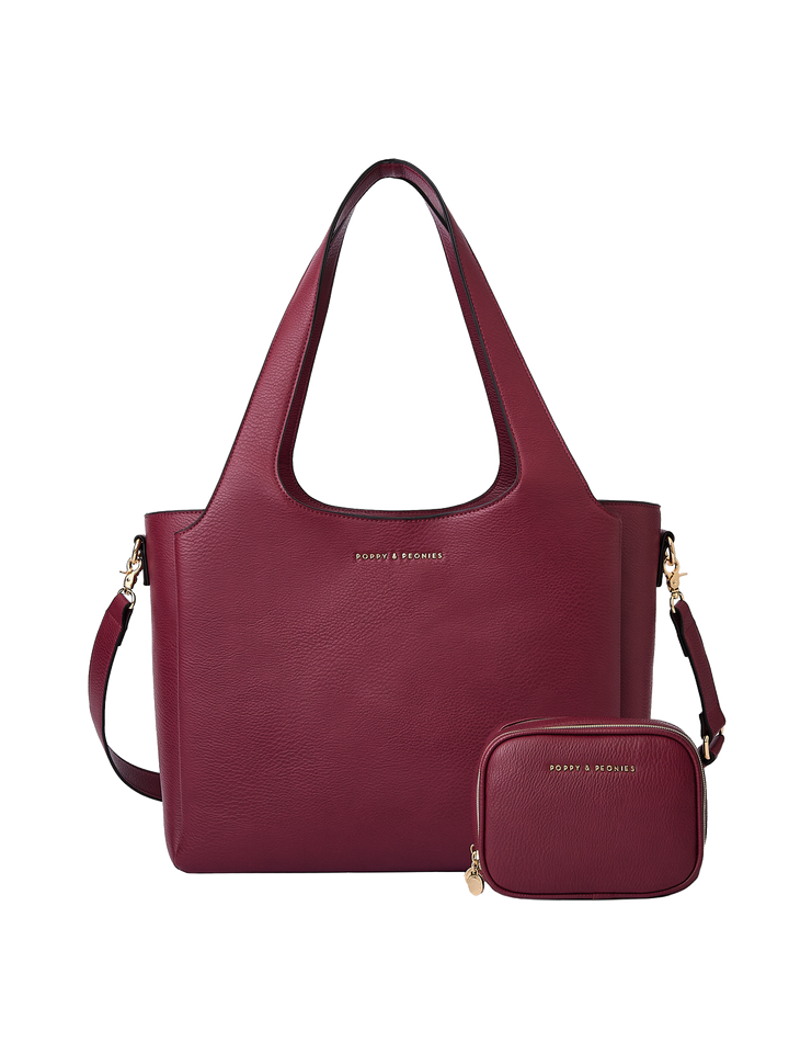 Poppy & Peonies Companion Duo in Berry, featuring The Companion Tote with coordinating Pretty Connected Case, detachable shoulder strap and signature gold-tone details.