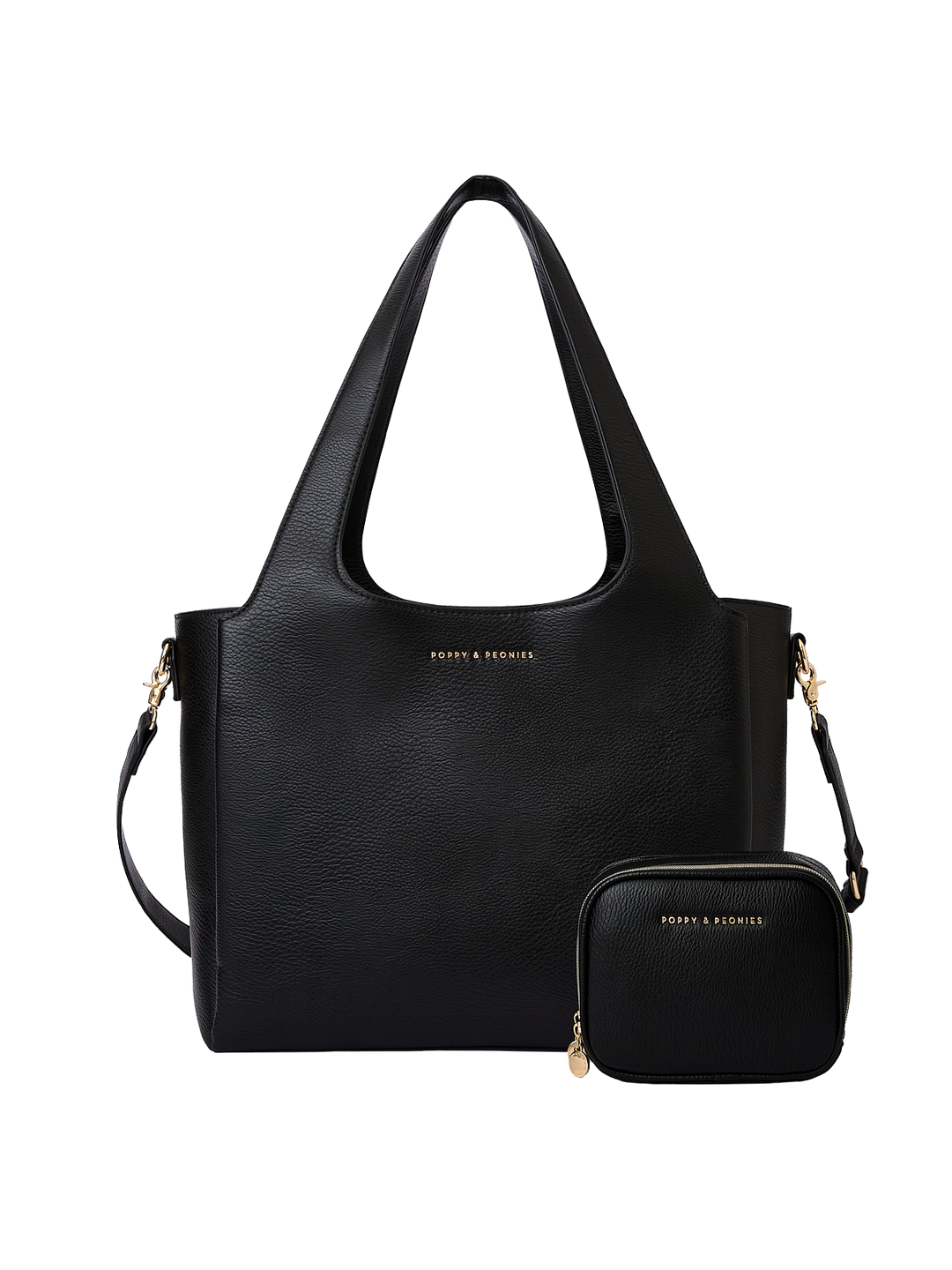 Poppy & Peonies The Companion Duo in Black, featuring The Companion Tote with coordinating Pretty Connected Case, top handles and detachable shoulder strap.