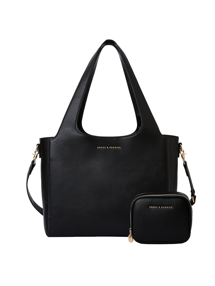 Poppy & Peonies The Companion Duo in Black, featuring The Companion Tote with coordinating Pretty Connected Case, top handles and detachable shoulder strap.