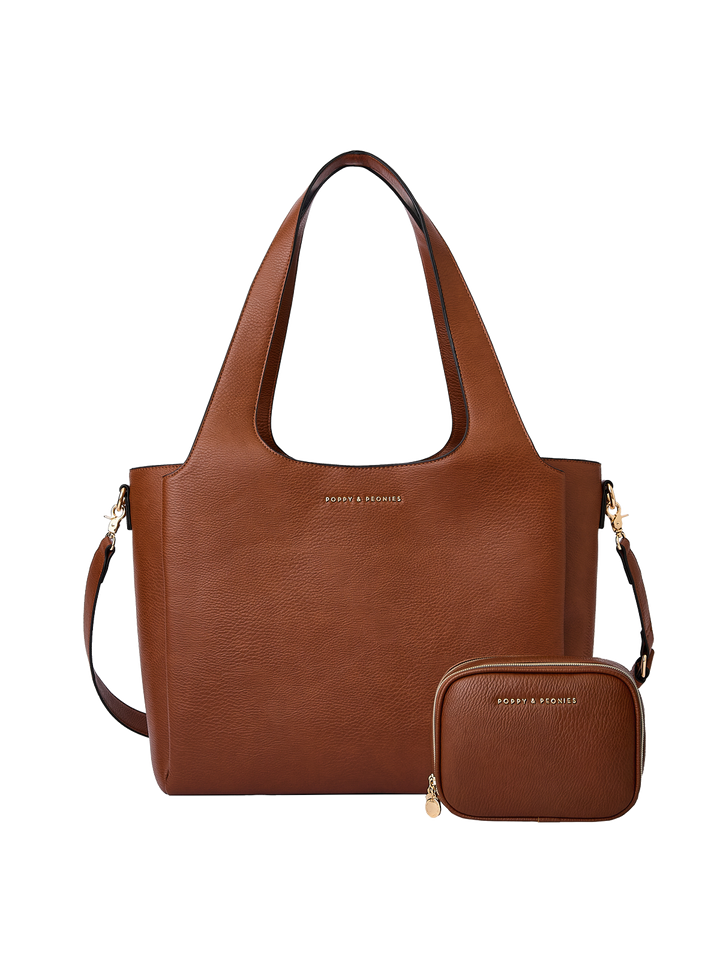 Poppy & Peonies The Companion Tote Bundle in Chestnut, featuring The Companion Tote with coordinating Pretty Connected Case, top handles and detachable shoulder strap.