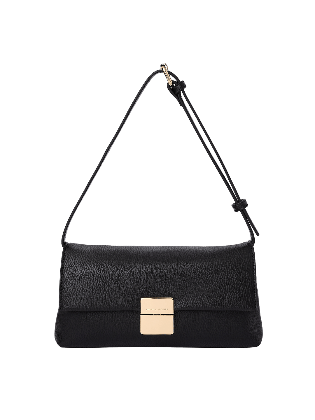 Poppy and Peonies Midnight Convertible Clutch featuring a sleek black textured exterior, structured rectangular silhouette, fold-over flap with gold-tone rectangular clasp, and adjustable shoulder strap.