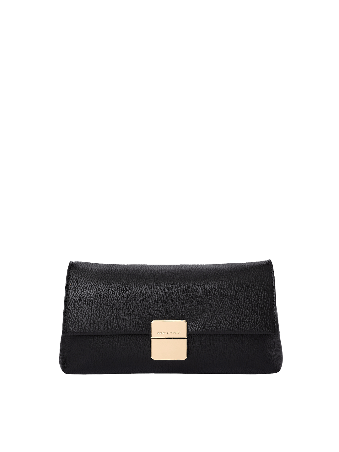 Poppy and Peonies Midnight Convertible Clutch displayed from the front without the shoulder strap, showcasing its textured black exterior, sleek fold-over flap, and gold-tone rectangular clasp.