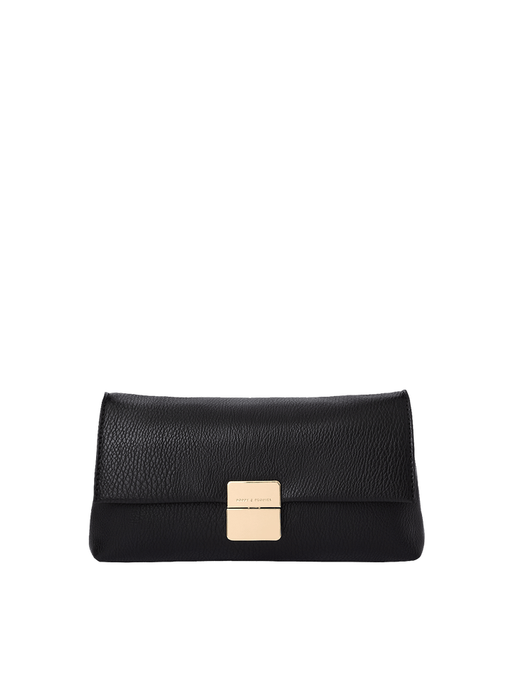 Poppy and Peonies Midnight Convertible Clutch displayed from the front without the shoulder strap, showcasing its textured black exterior, sleek fold-over flap, and gold-tone rectangular clasp.