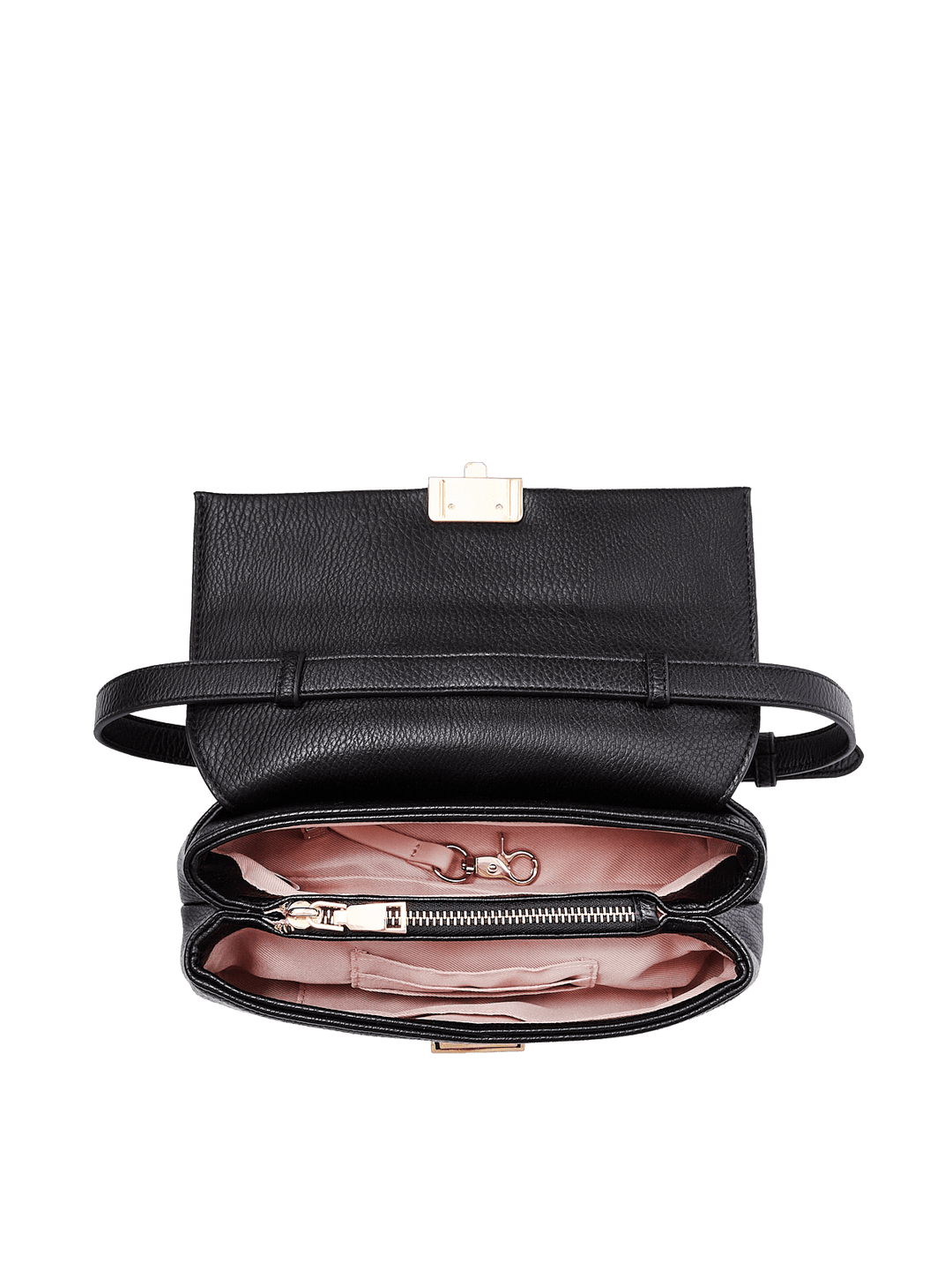 Poppy and Peonies Midnight Convertible Clutch displayed fully open from above, revealing its blush pink interior with multiple storage compartments, organized essentials, and gold-tone hardware.