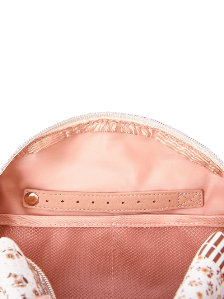 Interior of large Cosmetic Trio pouch in Brown Patchwork showing jewelry tabs and wipeable lining