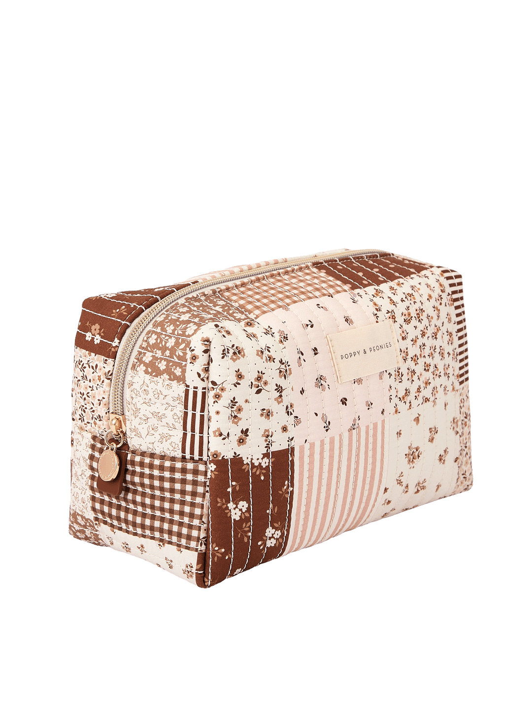 Angled side view of large Cosmetic Trio pouch in Brown Patchwork