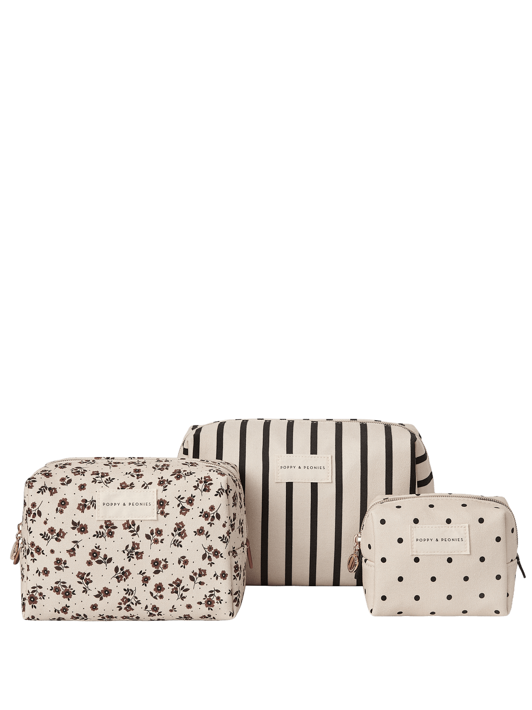 Set of three cosmetic bags with floral, striped, and polka dot patterns.