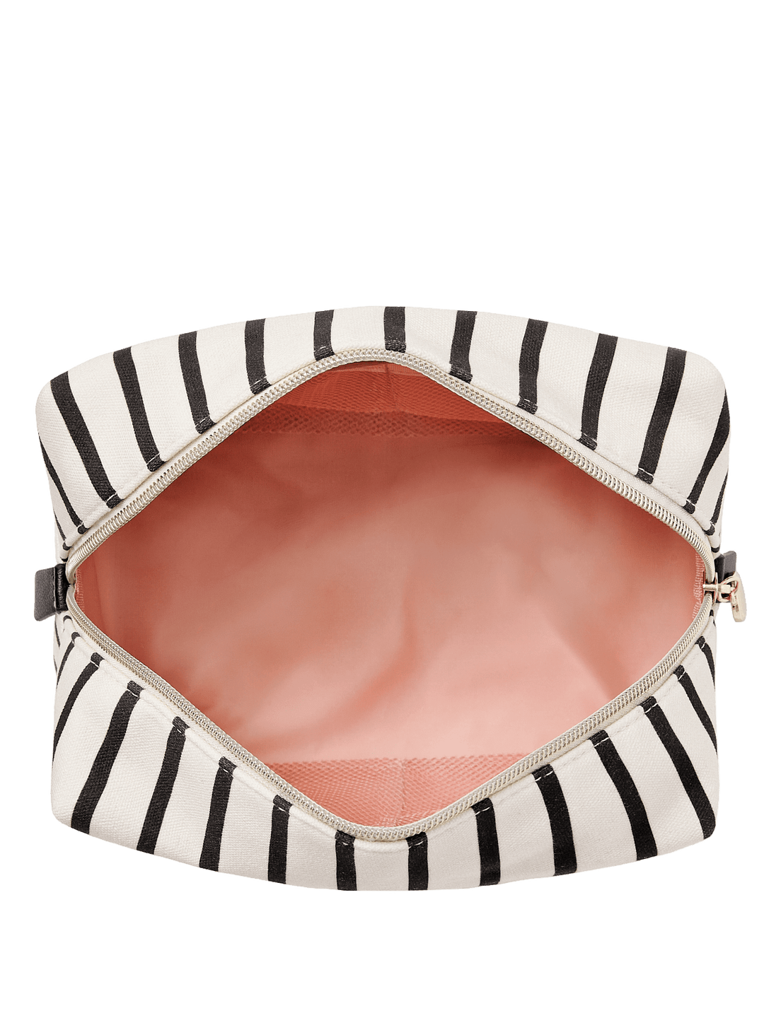 Open striped cosmetic bag with a pink interior