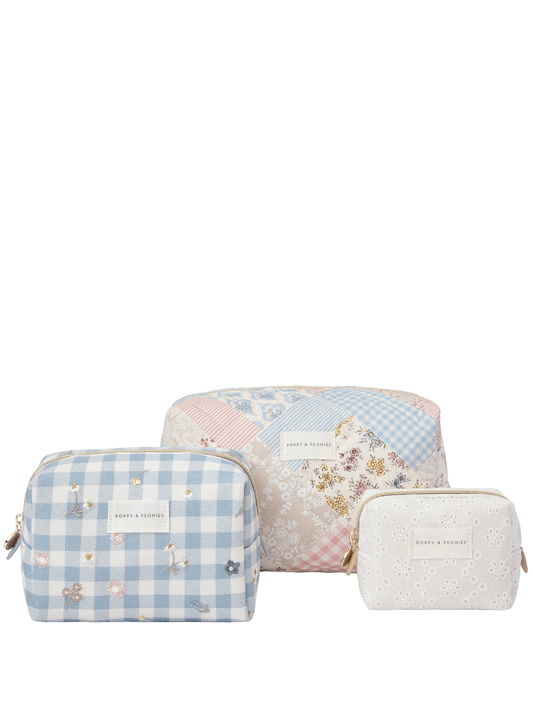 Set of three patterned cosmetic bags