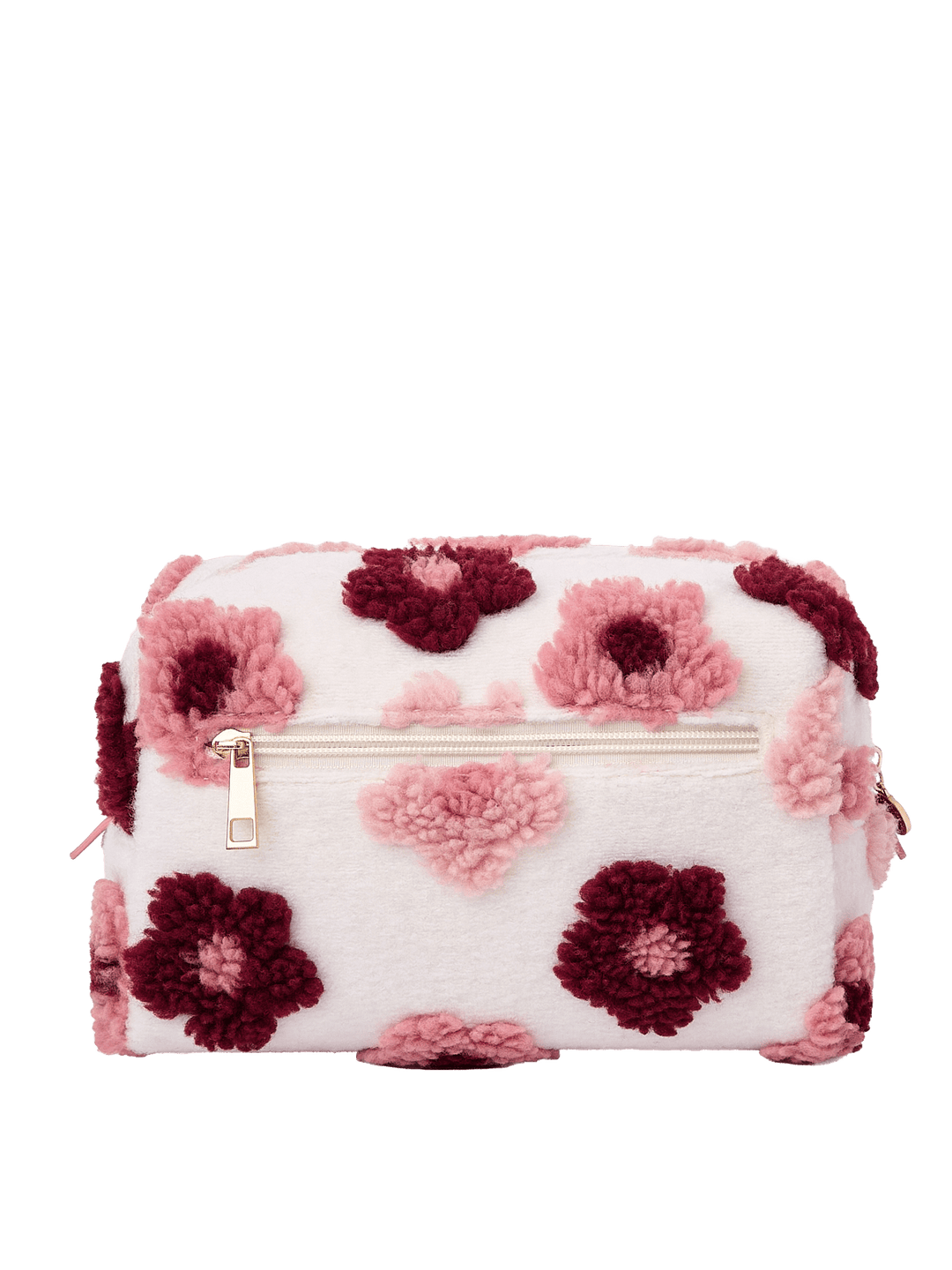 Poppy and Peonies Cosmetic Trio Floral featuring the large cosmetic pouch displayed from the back, highlighting its cream-colored exterior with plush pink and berry floral patterns and structured rectangular silhouette.