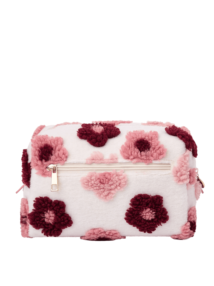 Poppy and Peonies Cosmetic Trio Floral featuring the large cosmetic pouch displayed from the back, highlighting its cream-colored exterior with plush pink and berry floral patterns and structured rectangular silhouette.