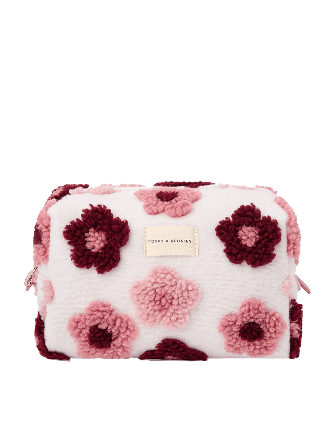 Poppy and Peonies Cosmetic Trio Floral featuring the large cosmetic pouch with a cream-colored exterior, plush pink and berry floral patterns, structured rectangular silhouette, and gold-tone zipper closure.