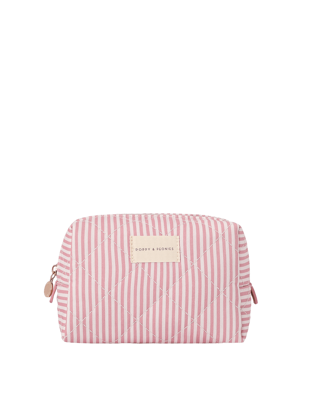 Poppy and Peonies Cosmetic Trio Floral featuring the medium-sized cosmetic pouch with a pink and white striped exterior, compact rectangular silhouette, gold-tone zipper closure, and rectangular logo plate on the front.