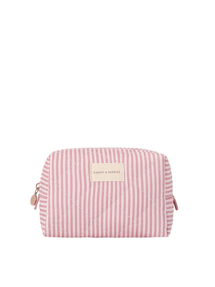 Poppy and Peonies Cosmetic Trio Floral featuring the medium-sized cosmetic pouch with a pink and white striped exterior, compact rectangular silhouette, gold-tone zipper closure, and rectangular logo plate on the front.