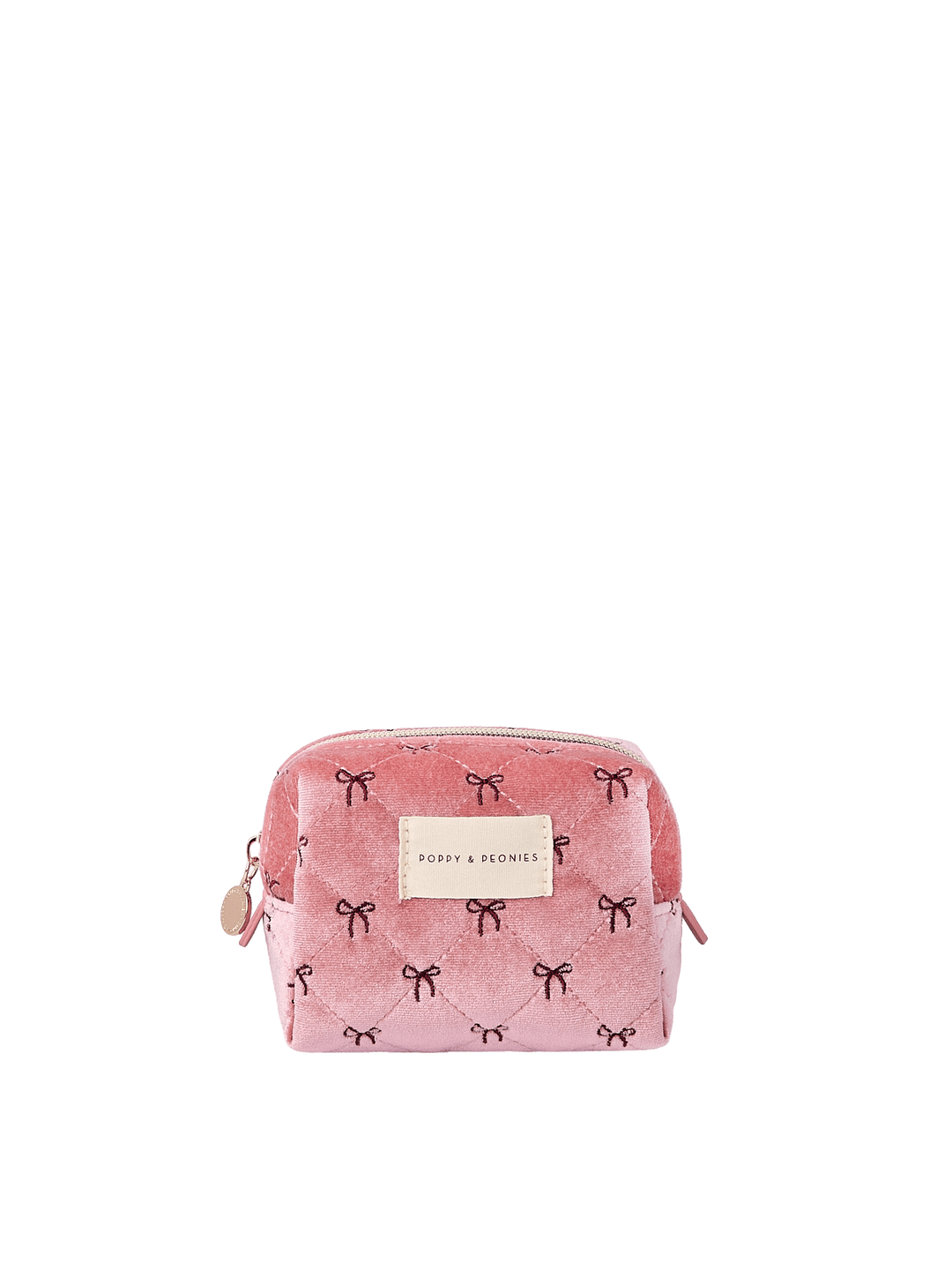 Poppy and Peonies Cosmetic Trio Floral featuring the small pink cosmetic pouch with delicate black bow patterns, compact rectangular silhouette, gold-tone zipper closure, and rectangular Poppy and Peonies logo plate on the front.