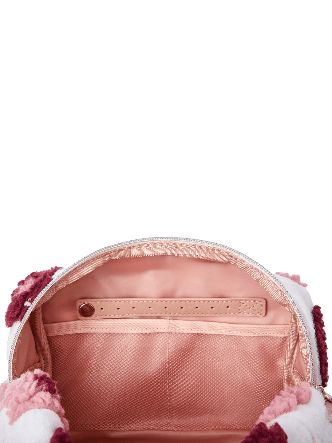 Poppy and Peonies Cosmetic Trio Floral featuring the large floral cosmetic pouch held open from above, showcasing its blush pink lining, interior zippered pocket, and spacious storage compartment.