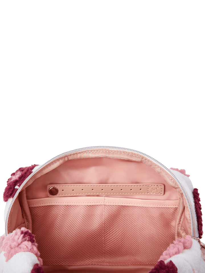 Poppy and Peonies Cosmetic Trio Floral featuring the large floral cosmetic pouch held open from above, showcasing its blush pink lining, interior zippered pocket, and spacious storage compartment.