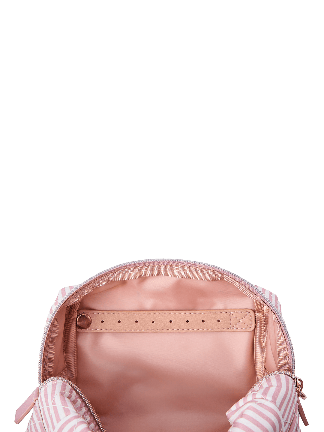 Poppy and Peonies Cosmetic Trio Floral featuring the medium striped cosmetic pouch held open, revealing its blush pink interior lining, elastic storage pockets, and organized compartments for beauty essentials.