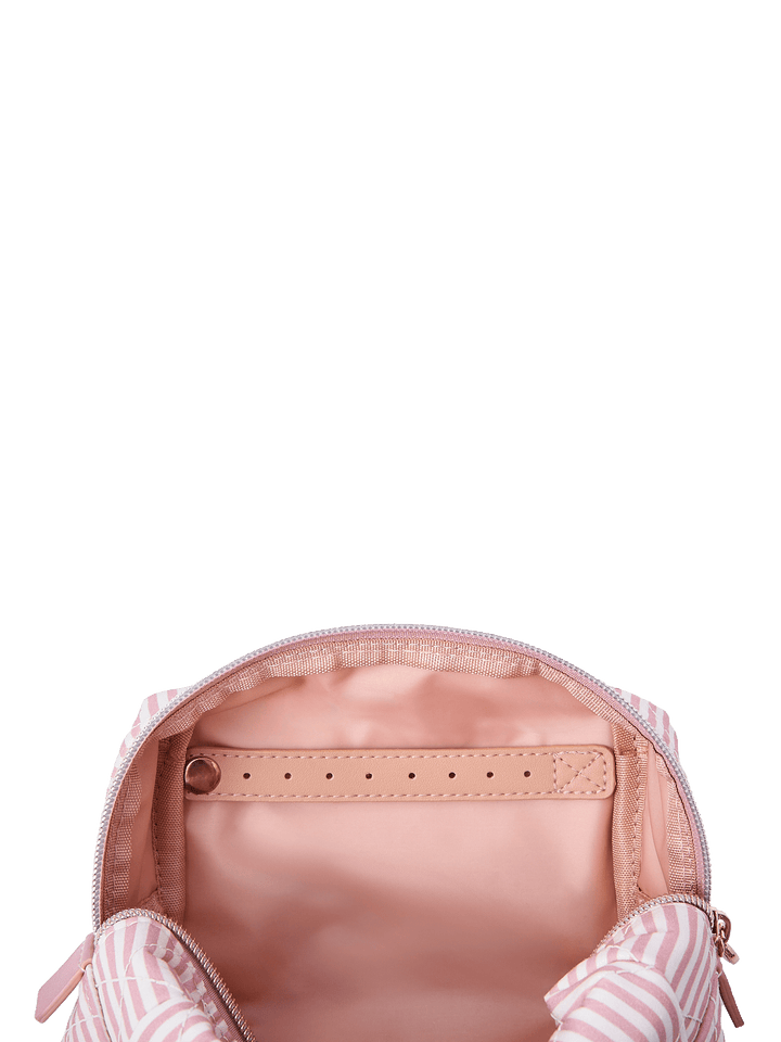 Poppy and Peonies Cosmetic Trio Floral featuring the medium striped cosmetic pouch held open, revealing its blush pink interior lining, elastic storage pockets, and organized compartments for beauty essentials.