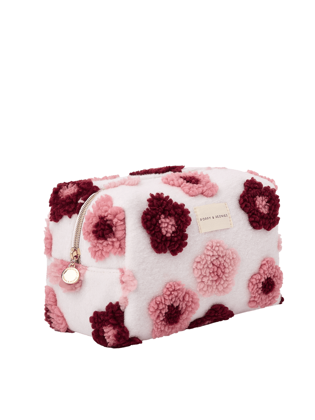 Poppy and Peonies Cosmetic Trio Floral featuring the large floral cosmetic pouch displayed at a three-quarter angle, showcasing its plush floral texture, structured rectangular shape, and gold-tone zipper hardware.