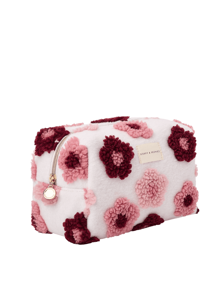 Poppy and Peonies Cosmetic Trio Floral featuring the large floral cosmetic pouch displayed at a three-quarter angle, showcasing its plush floral texture, structured rectangular shape, and gold-tone zipper hardware.