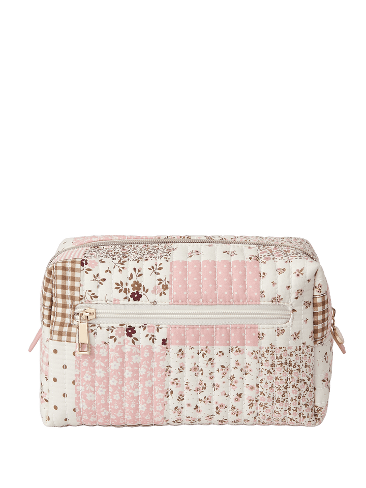 Patchwork-style cosmetic bag with floral and gingham patterns