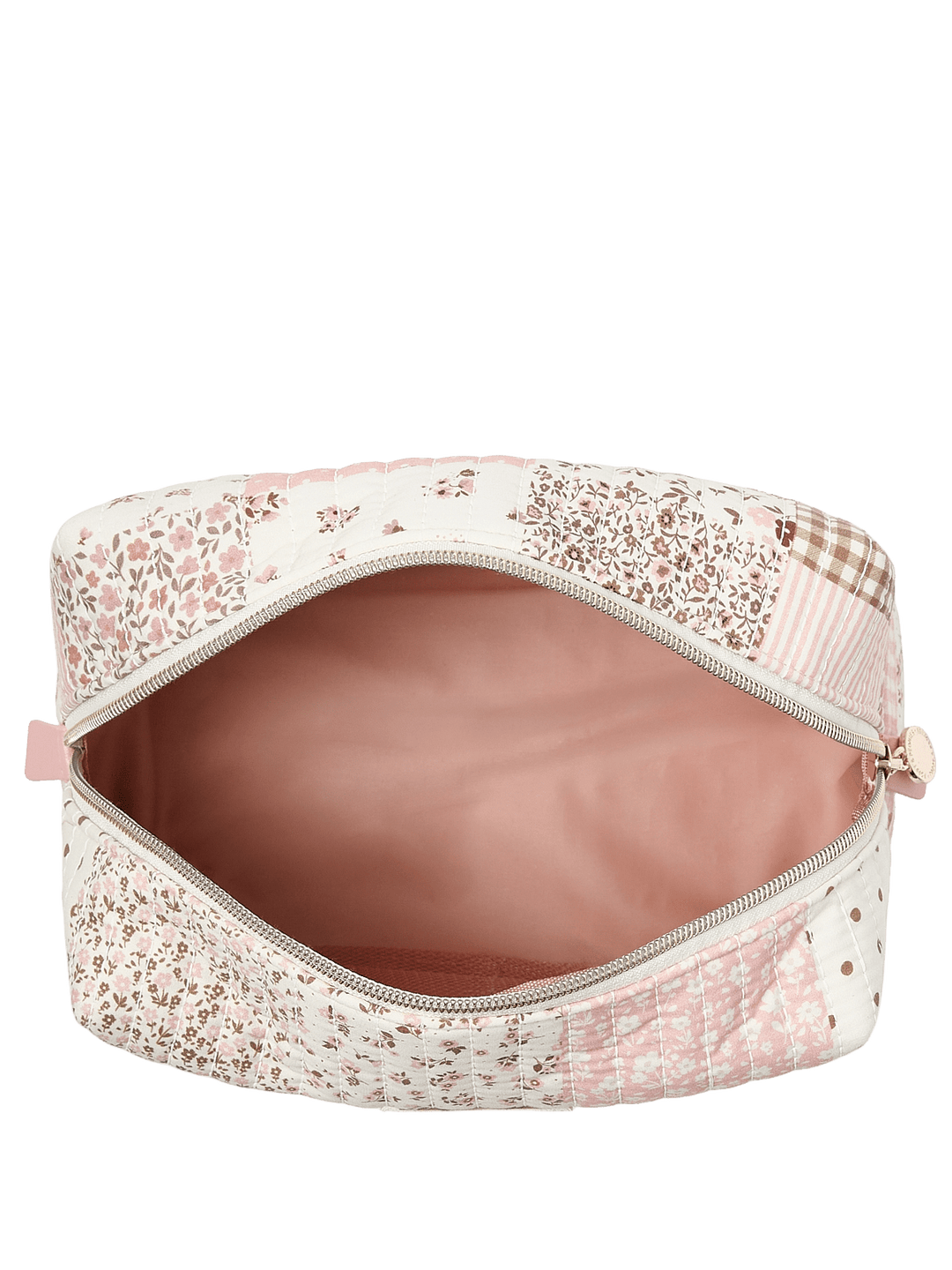 Floral-patterned makeup bag with a pink interior 