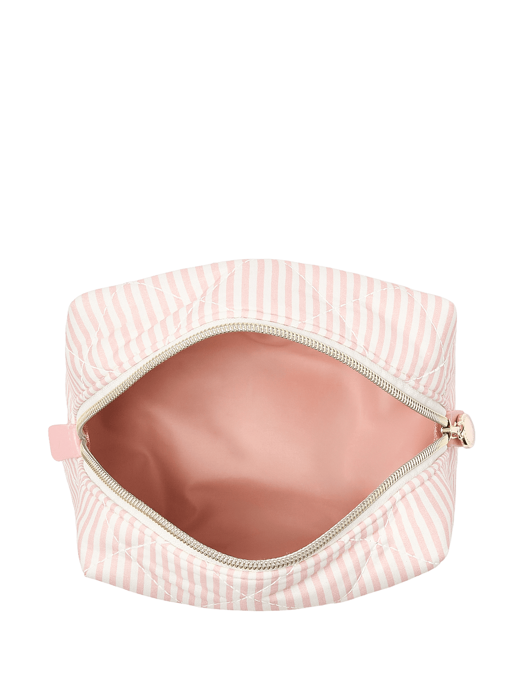 Open pink striped makeup bag with a pink interior