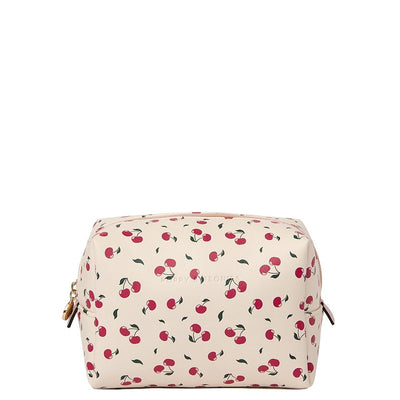 Front of a cherry printed Poppy and Peonies makeup bag