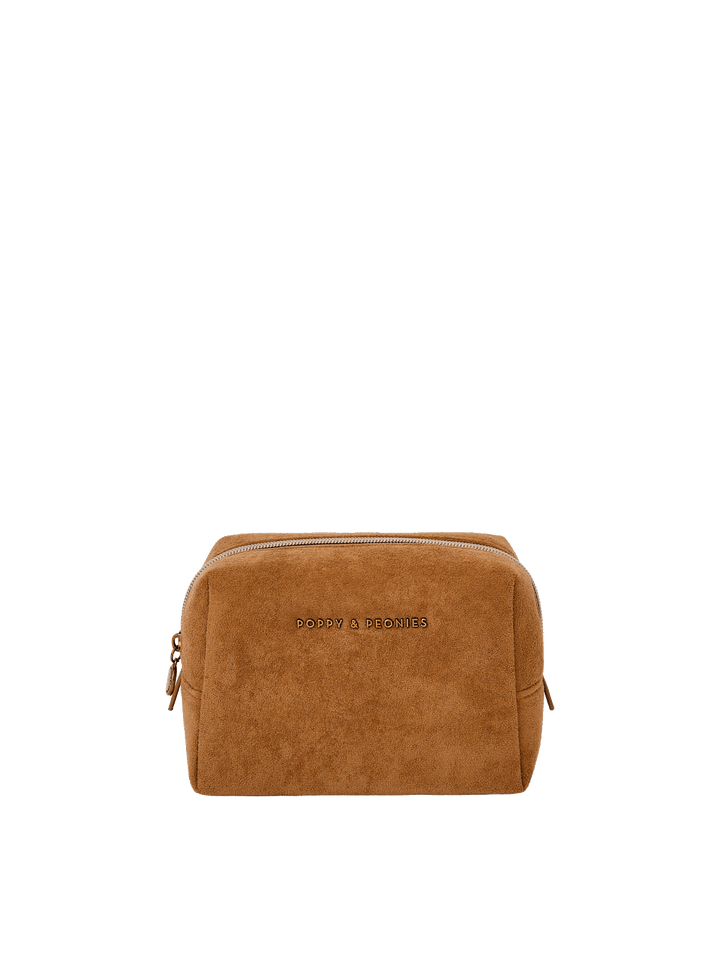 Tan suede cosmetic bag