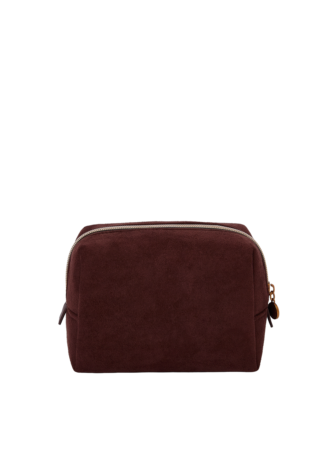 Poppy & Peonies Cosmetic Case in Espresso Suede back view, featuring a structured rectangular silhouette and soft suede exterior.