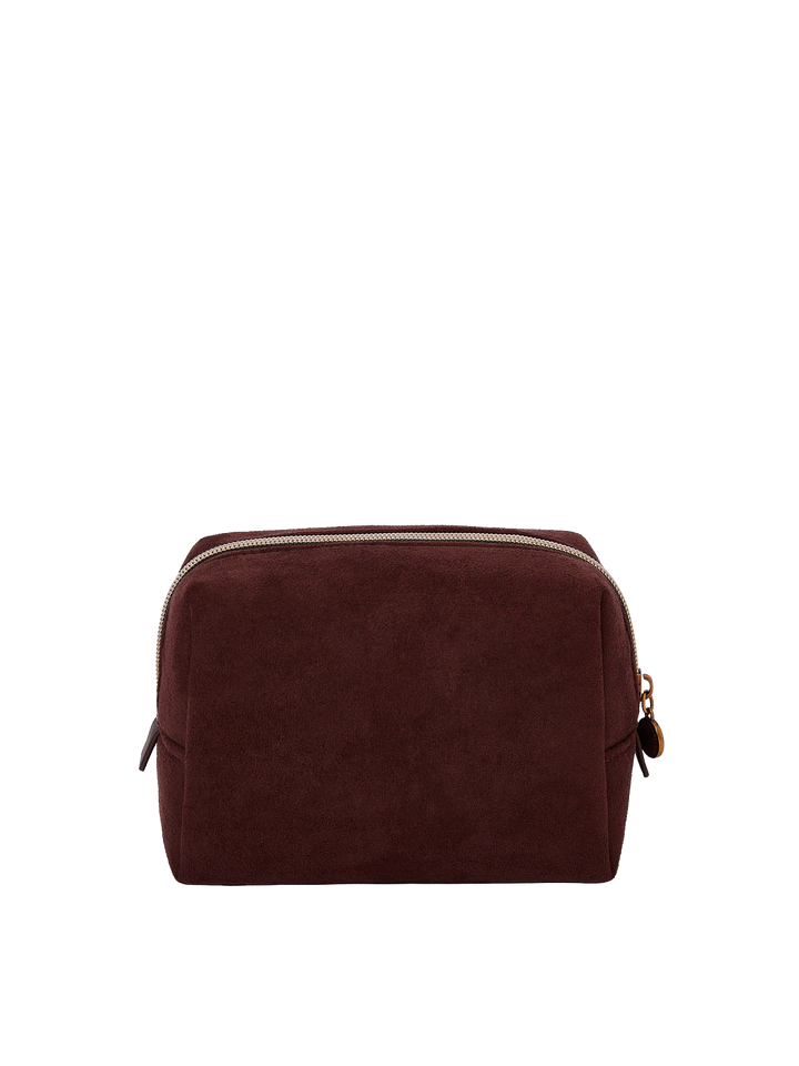 Poppy & Peonies Cosmetic Case in Espresso Suede back view, featuring a structured rectangular silhouette and soft suede exterior.