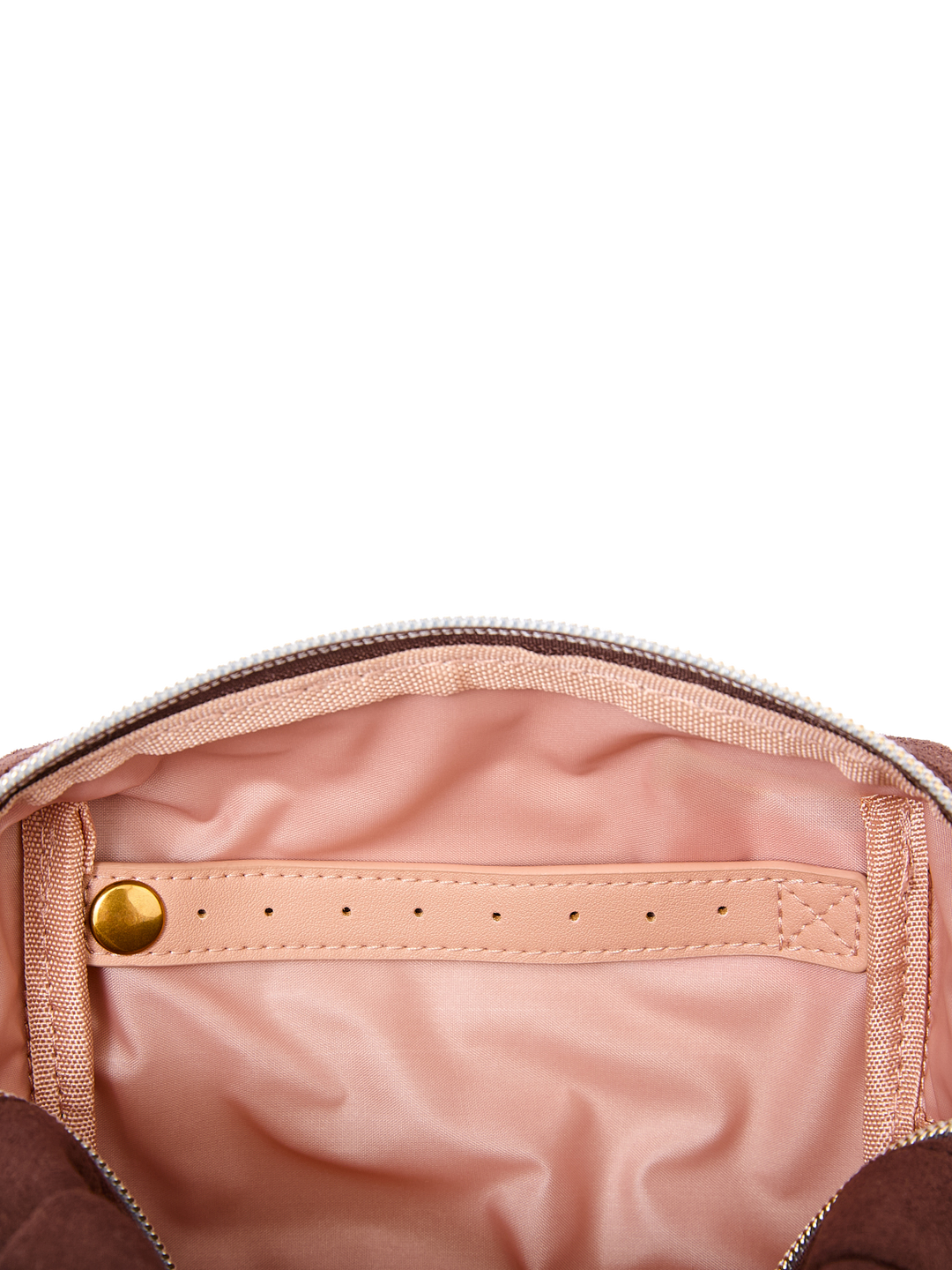 Poppy & Peonies Cosmetic Case in Espresso Suede open interior view, showcasing the blush-pink lining and interior strap detail.