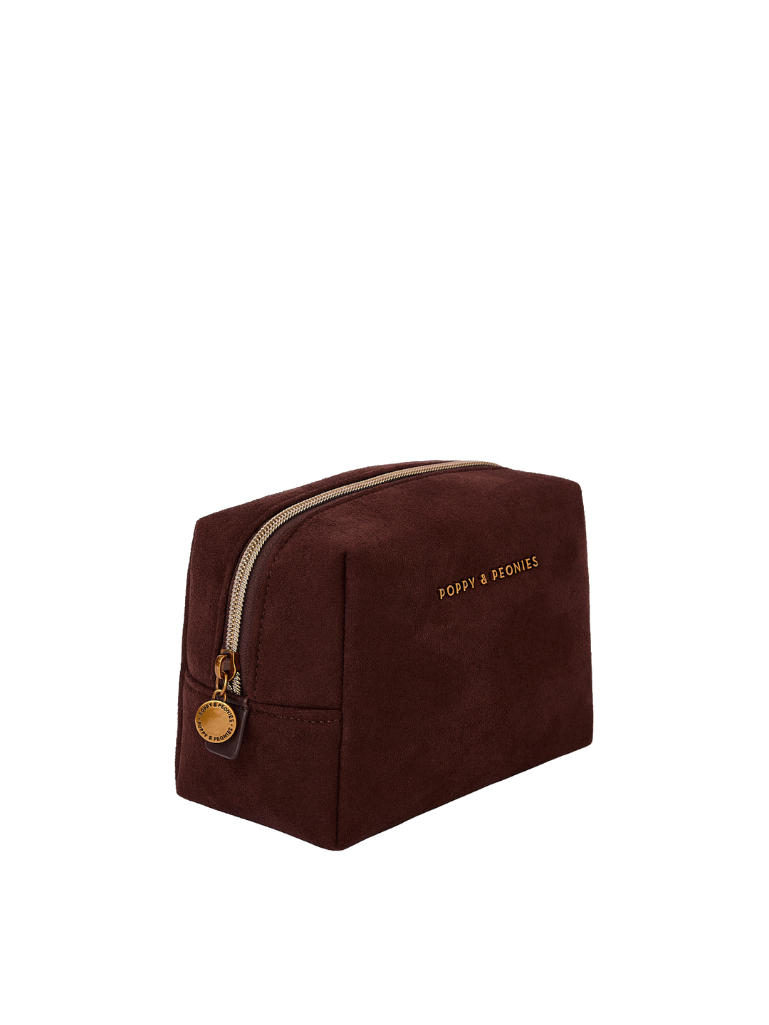 Poppy & Peonies Cosmetic Case in Espresso Suede angled side view, highlighting the structured shape, suede texture and gold-tone zipper hardware.