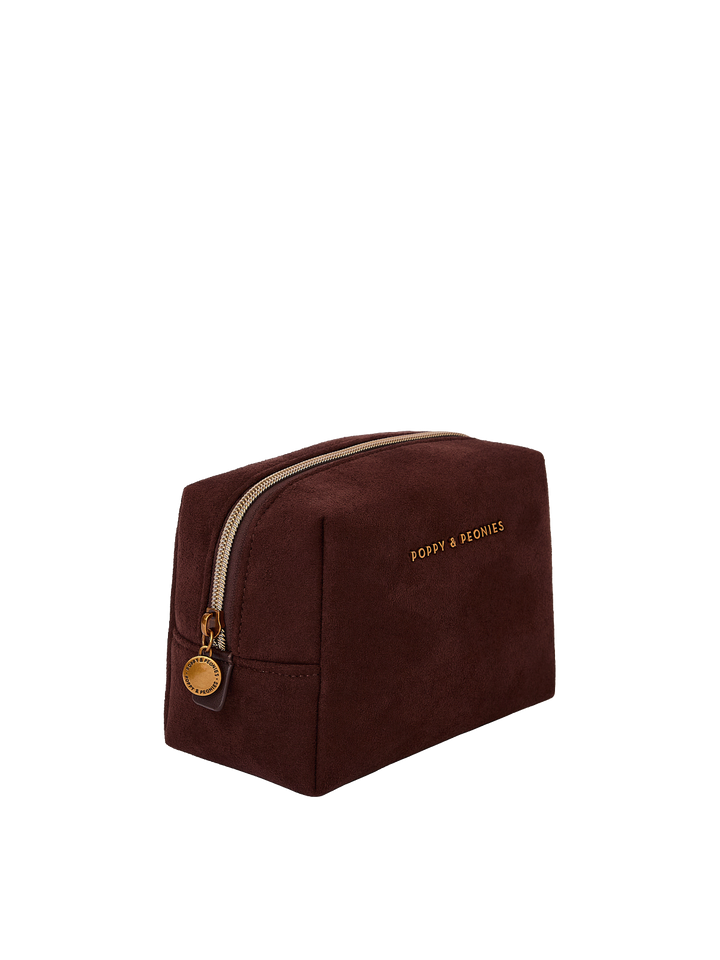 Poppy & Peonies Cosmetic Case in Espresso Suede angled side view, highlighting the structured shape, suede texture and gold-tone zipper hardware.