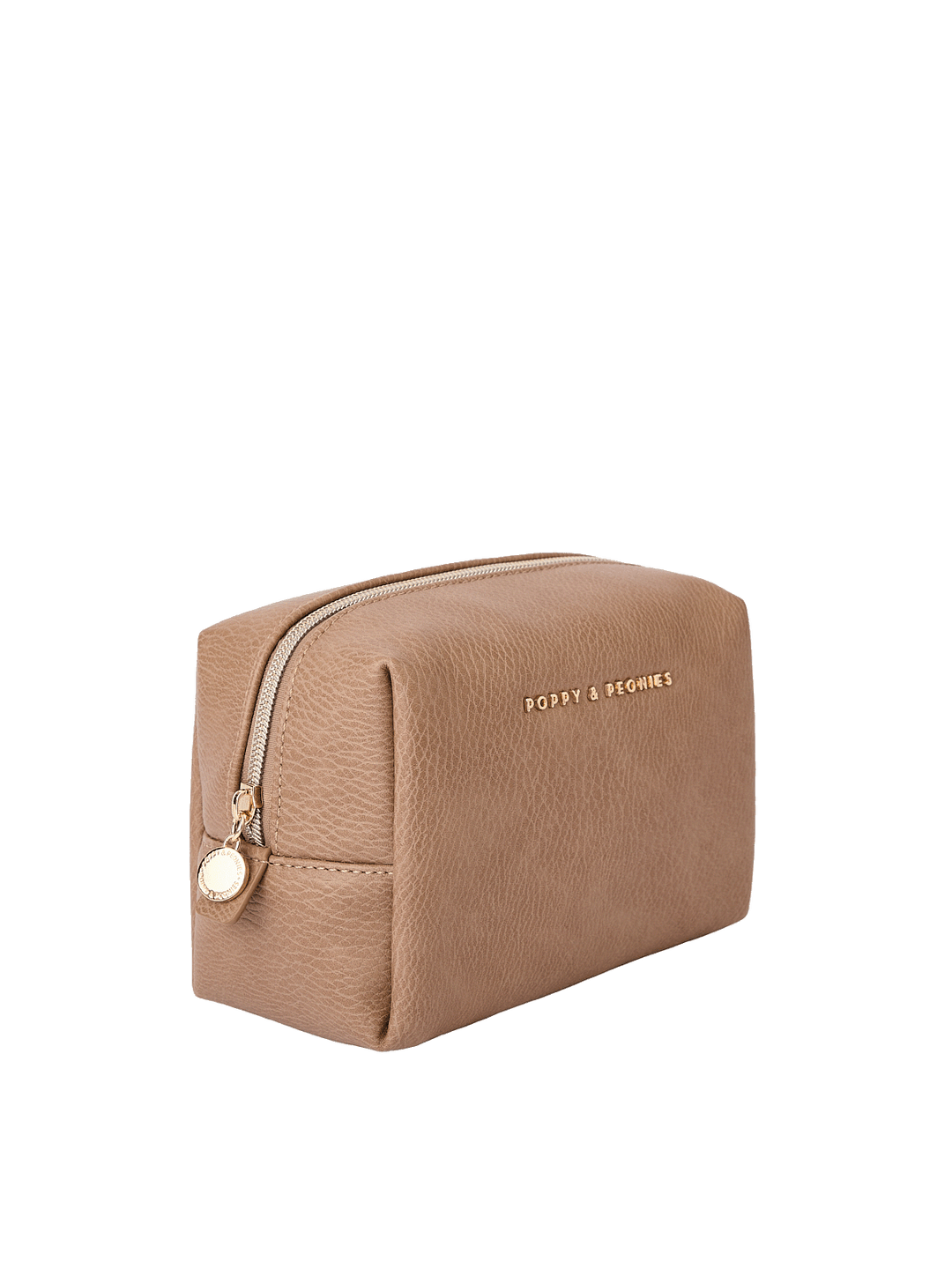 Angled side view of Taupe Cosmetic Case