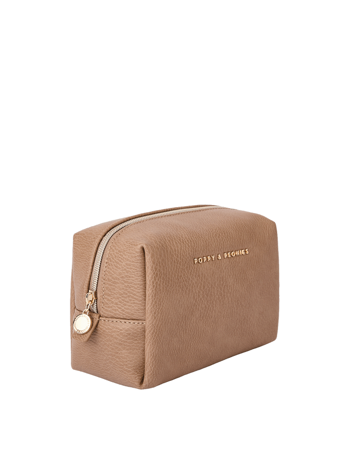 Angled side view of Taupe Cosmetic Case