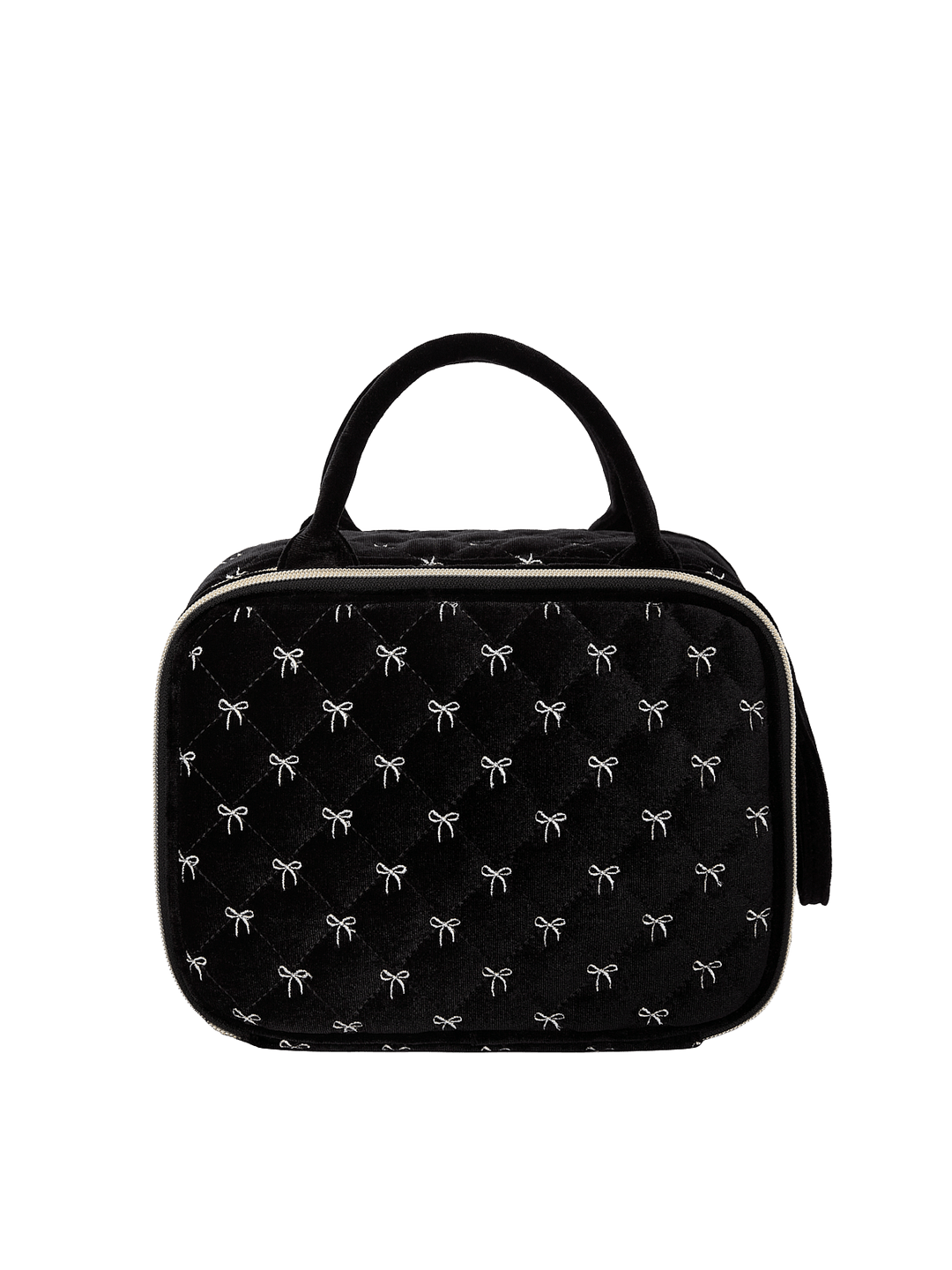Poppy and Peonies The Routine Cosmetic Black Velvet displayed from the back, featuring its soft black velvet exterior with delicate white bow patterns, structured rounded silhouette, dual black top handles, and zippered closure.