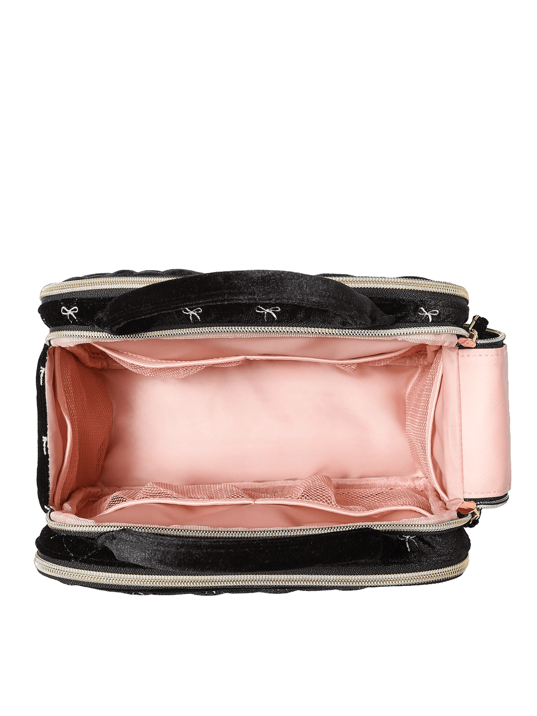 Poppy and Peonies The Routine Cosmetic Black Velvet displayed open from above, revealing its blush pink interior lining, spacious main compartment, and wide elastic storage band for organizing beauty essentials.
