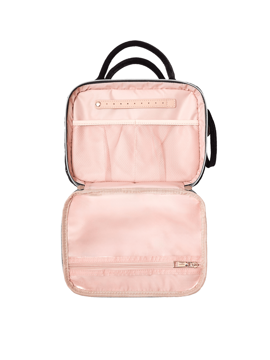 Poppy and Peonies The Routine Cosmetic Black Velvet displayed fully open, showcasing its blush pink interior with elastic storage pockets, a central organizing strap, and spacious compartments for cosmetics and toiletries.