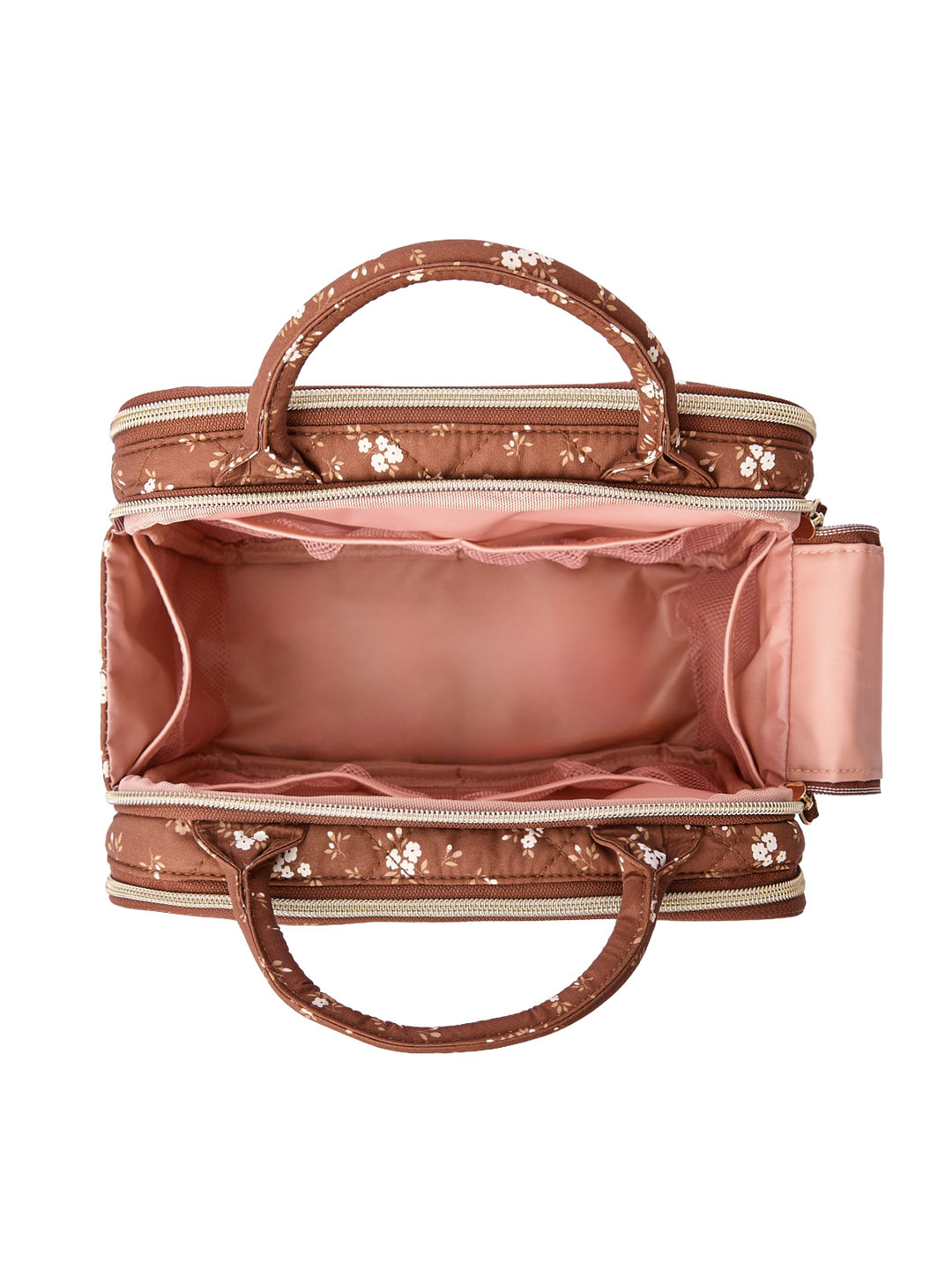 Poppy & Peonies The Routine Cosmetic Case in Brown Floral open interior view.