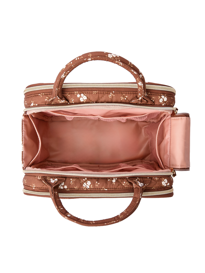 Poppy & Peonies The Routine Cosmetic Case in Brown Floral open interior view.