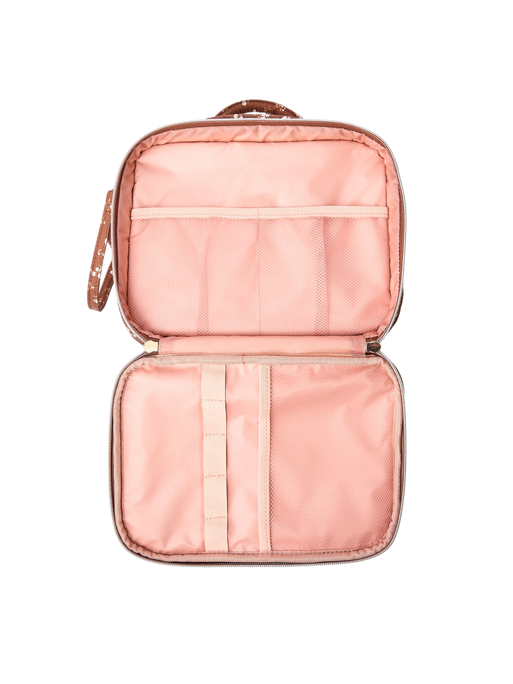 Poppy & Peonies The Routine Cosmetic Case in Brown Floral interior compartments.