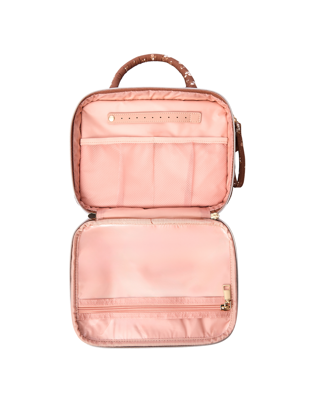 Poppy & Peonies The Routine Cosmetic Case in Brown Floral interior with zippered storage pocket.