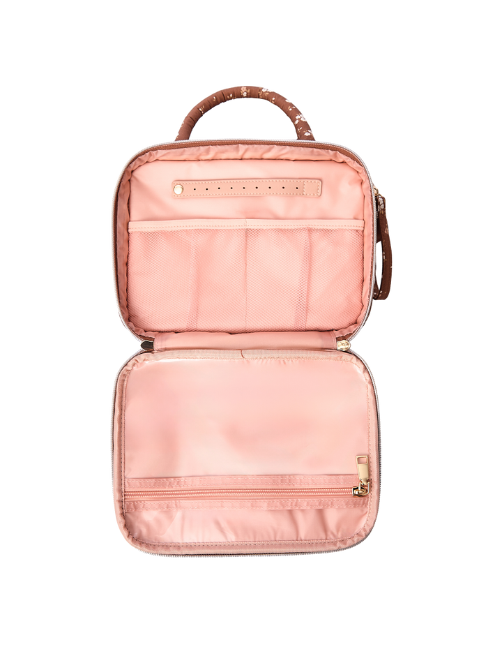 Poppy & Peonies The Routine Cosmetic Case in Brown Floral interior with zippered storage pocket.