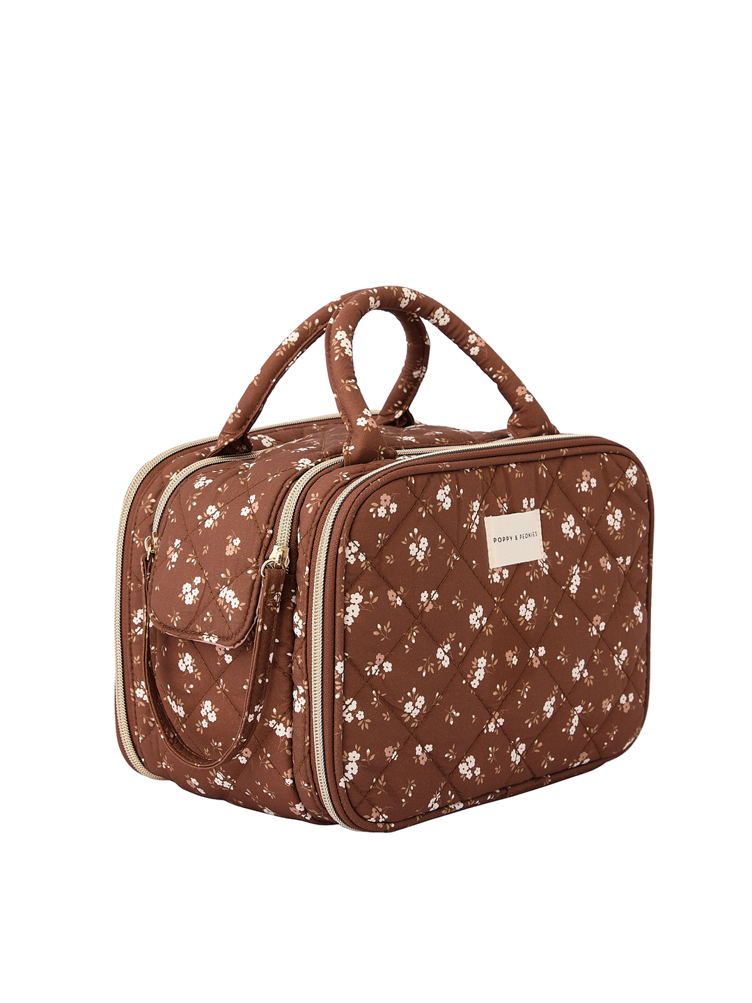 Poppy & Peonies The Routine Cosmetic Case in Brown Floral angled side view.