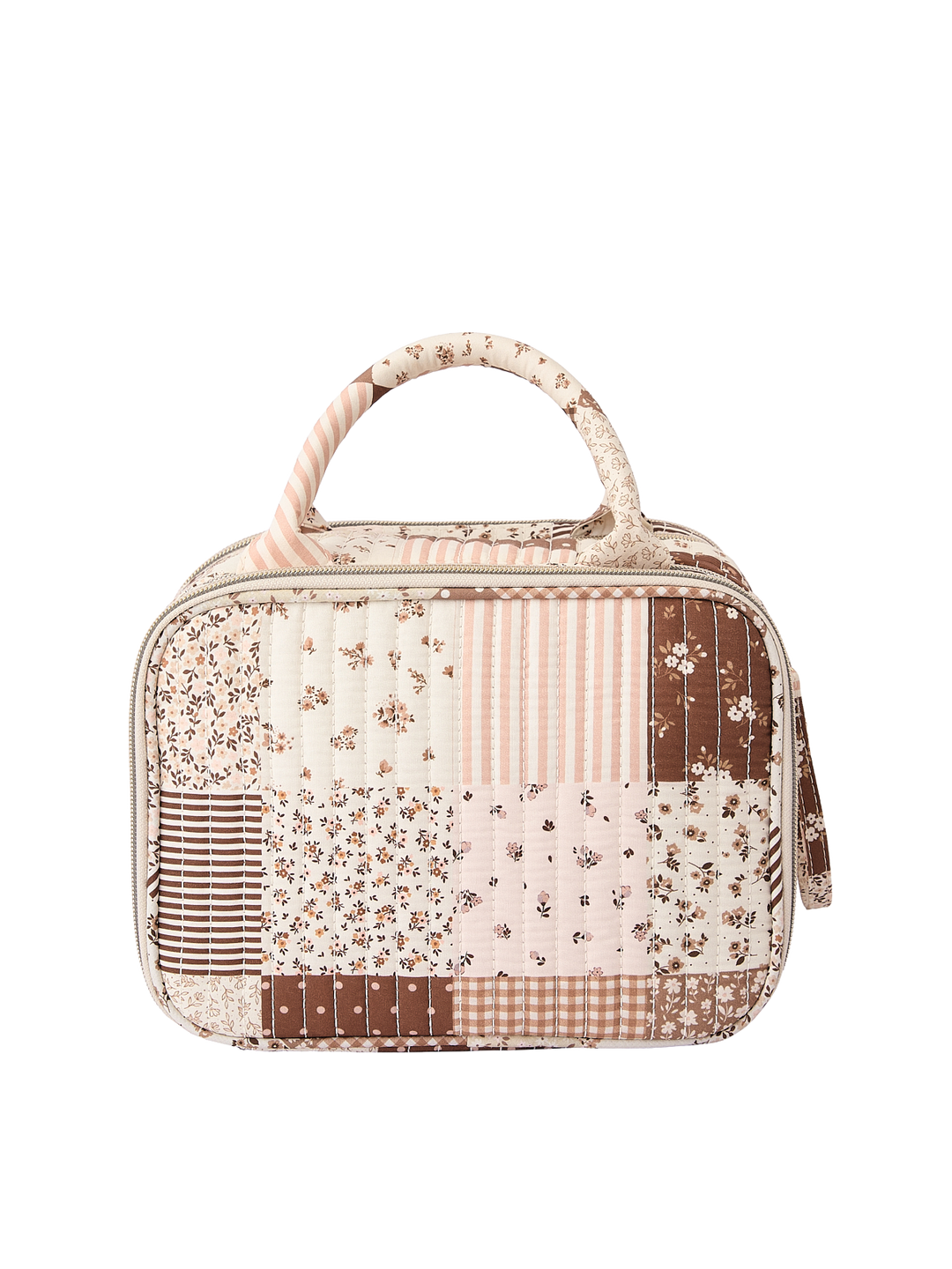 Poppy & Peonies The Routine Cosmetic Case in Brown Patchwork back view.