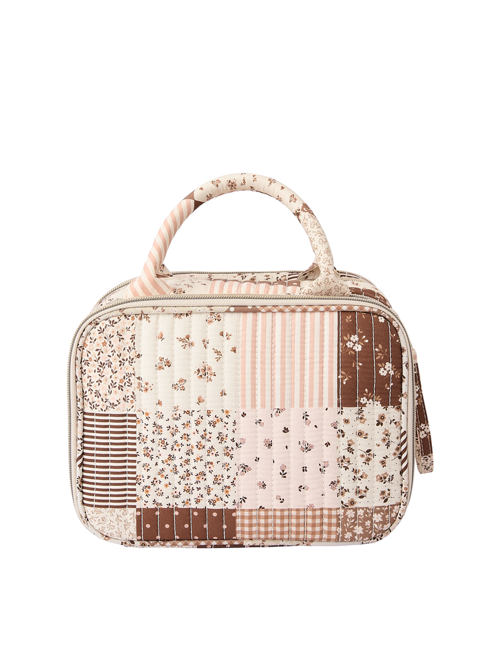 Poppy & Peonies The Routine Cosmetic Case in Brown Patchwork back view.